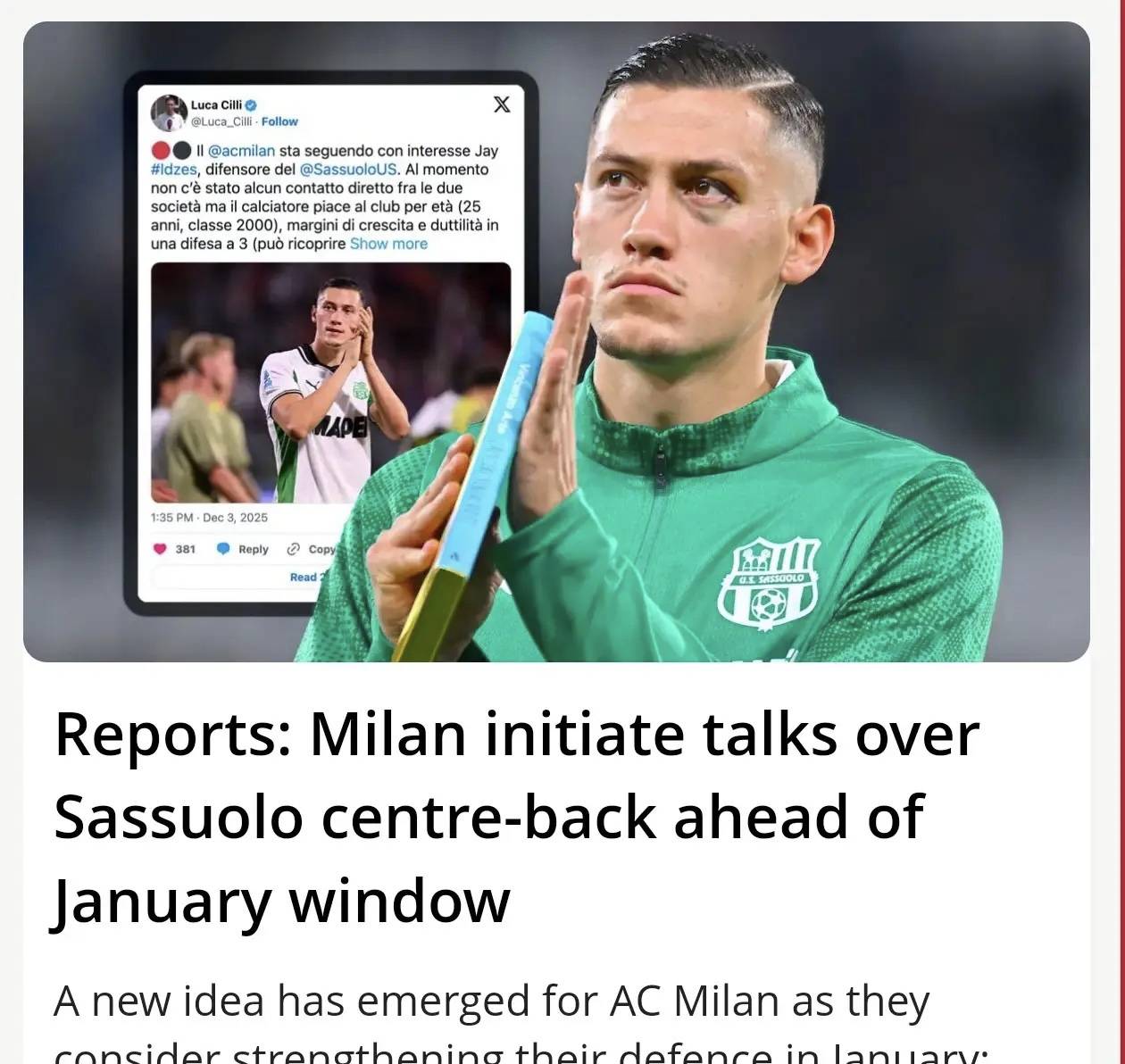 สื่ออิตาลีรายงาน: ชื่อใหม่โผล่ขึ้นเมื่อมิลานเสริมความแข็งแกร่งในแนวรับ – เจย์ อิดเกส จากซาสซูโอโล่ เซ็นเตอร์แบ็ค ผู้เล่น บาเยิร์น มิวนิค