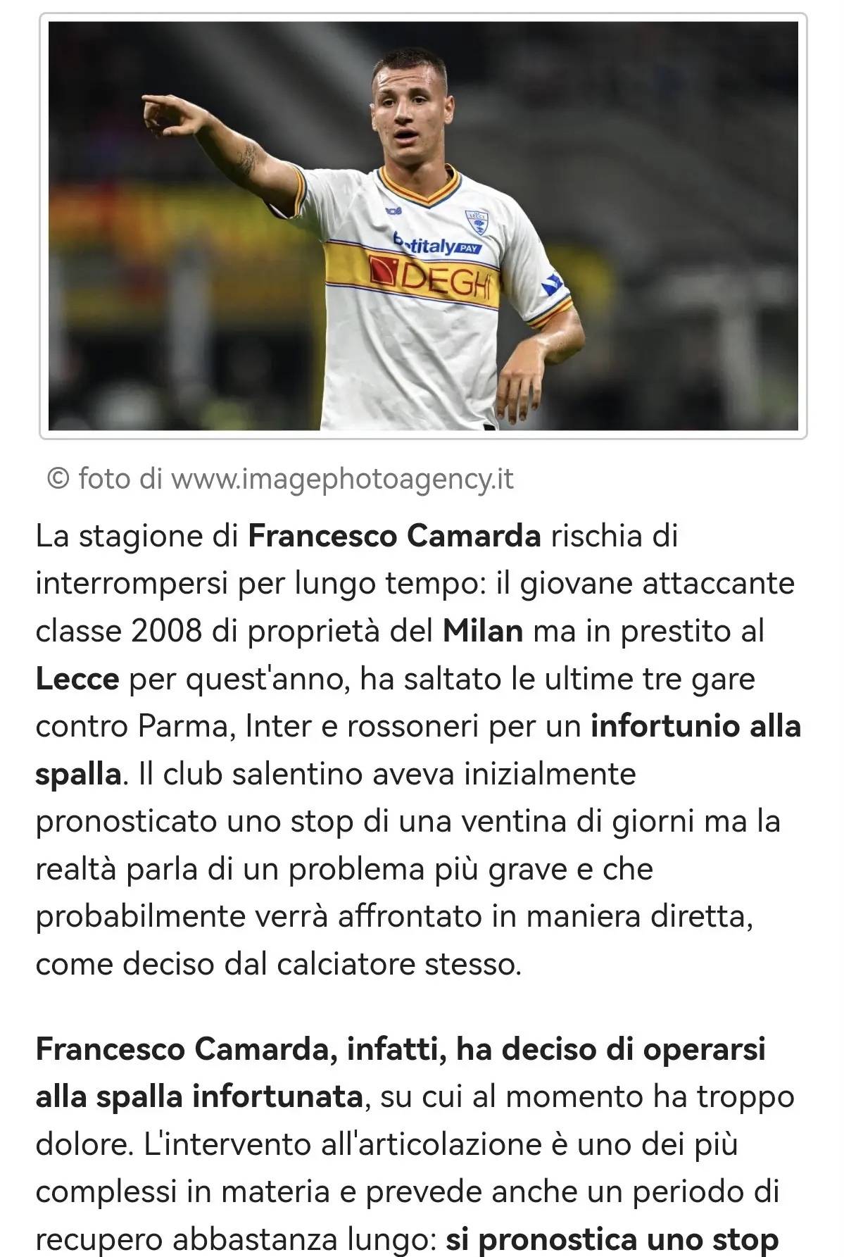 สื่ออิตาลีรายงาน: คามาร์ดาตัดสินใจเข้ารับการผ่าตัดไหล่ ซึ่งอาจทำให้เขาพลาดการแข่งขันที่เหลือของฤดูกาลนี้! มิลาน เลชเช่ ตัดสินใจแล้ว